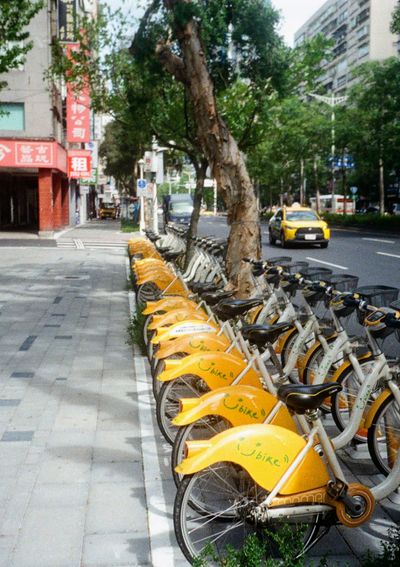 Public rental bikes lined up in a row at a docking station. Their yellow tyre covers stand out against the dull concrete footpath.