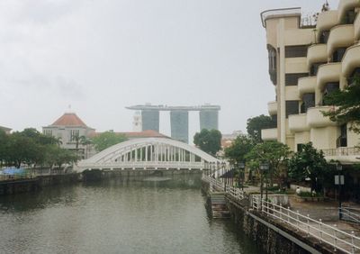 Looking down a river, flanked by an older apartment to the right. In the distance, a white bridge crosses the river, with three glass buildings poking out above it.