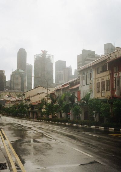 A wet, rainy road lined with palm trees and older building is in the foreground, with highrise city skyscrapers in the background.