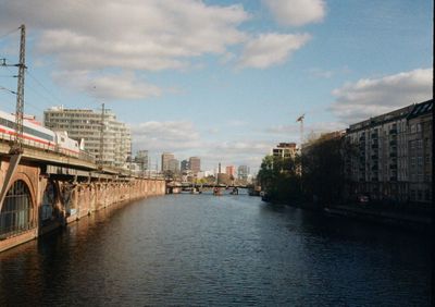 Looking down a river under a blue, clouded sky. On the left, a white train sits atop a brick embankment. On the right of the image are apartment buildings in the shade.