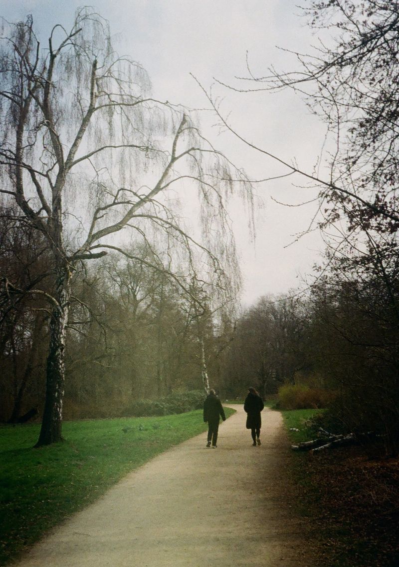 A couple walk away from the camera down a wide dirt path. The neat lawn next to it is dotted with leafless winter trees.