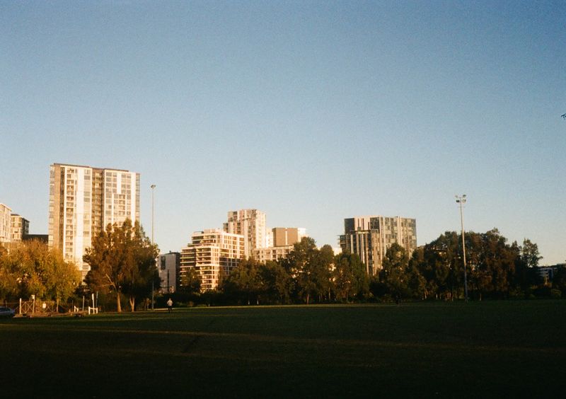 High rise residential apartments bathed in late afternoon sunset sit behind a park that's in the shade.