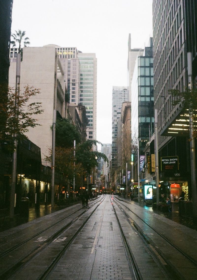 Looking down a rainy road, with tram tracks in the middle. The road is flanked by tall high rise office buildings.