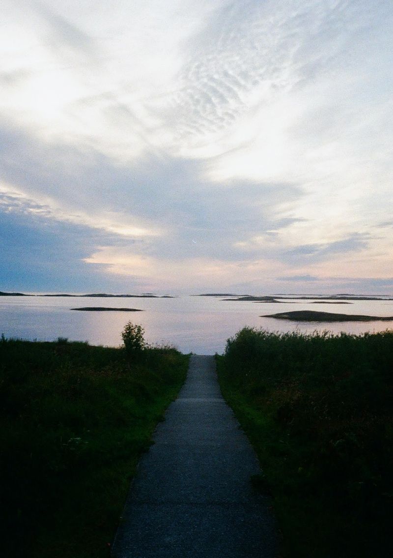 A concrete path leads to the water's edge between low shurbs. Small embankments dot the water, with a faint pinkish hue lighting the sky at sunset.