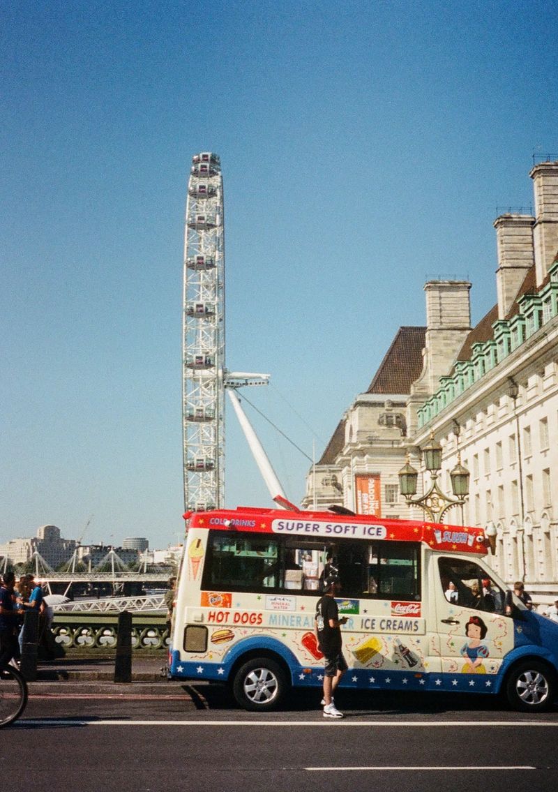 An ice cream van stopped on Westminster Bridge with the London Eye in the background.