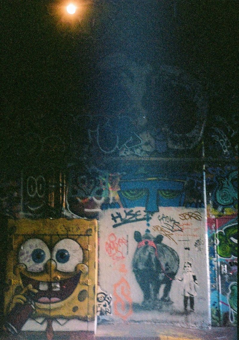 A grafitti wall featuring a Spongebob artwork next to a Banksy-style artwork of a girl holding a rhino with a red ribbon.