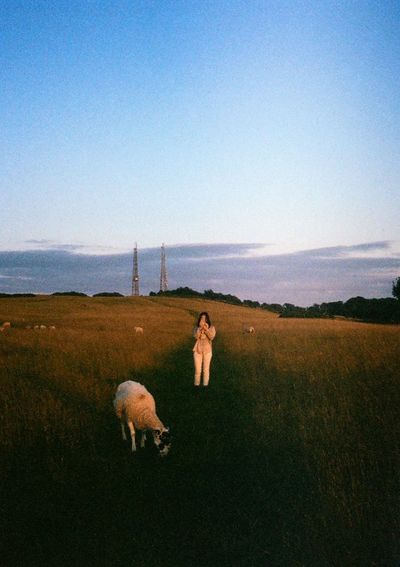 A woman stands behind a sheep taking a photo of the person taking a photo of her. The scene is bathed in the orange glow of sunset.